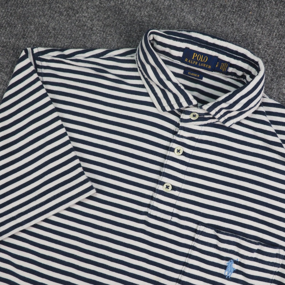 Polo Ralph Lauren Shirt Mens Small Classic Fit Navy White Striped Pocket Polo